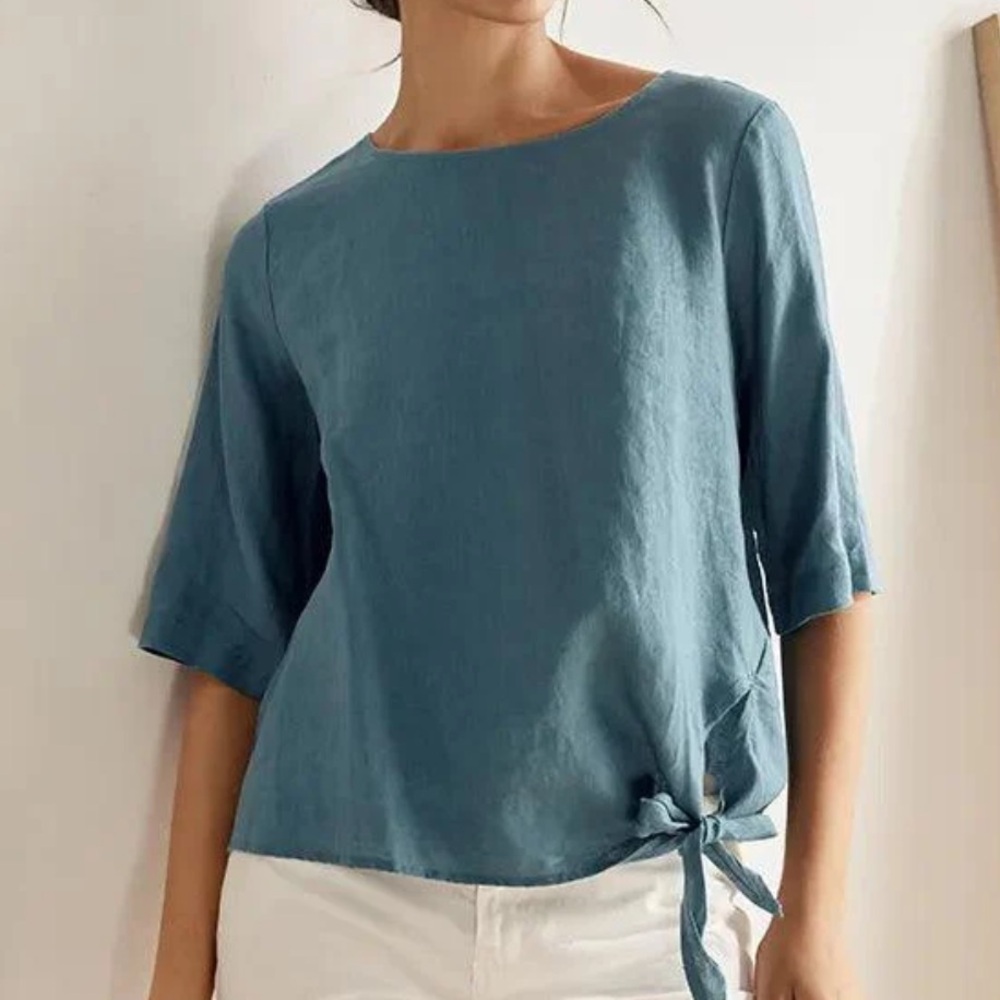 Lintico Elsie Boxy Linen Teal Button Back with Side Tie NWT Small